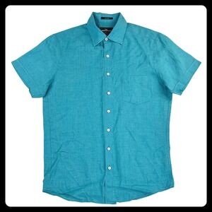 Rodd & Gunn Linen Shirt Men M Teal Sports Fit Short Sleeve Button Down Italian